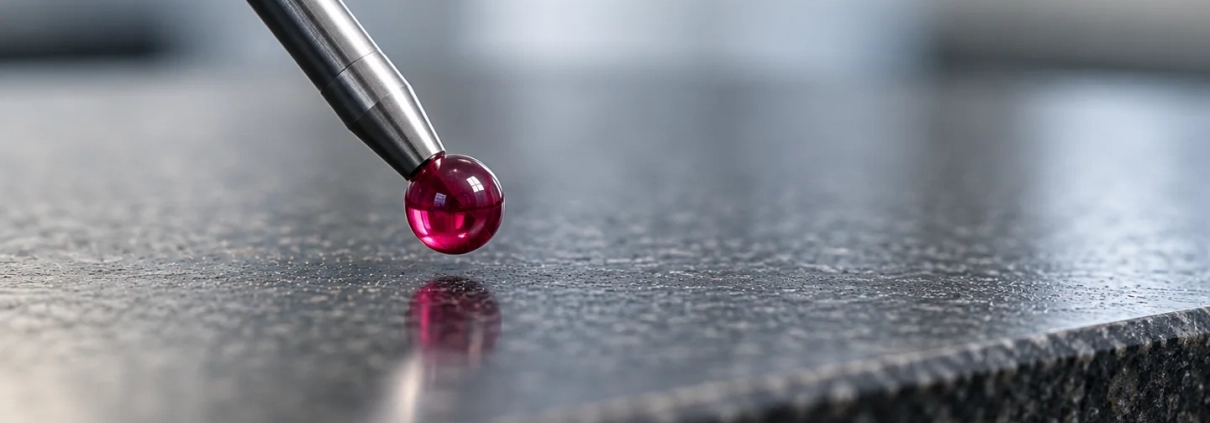Ruby measurement stylus tip beside a fine-grained granite surface
