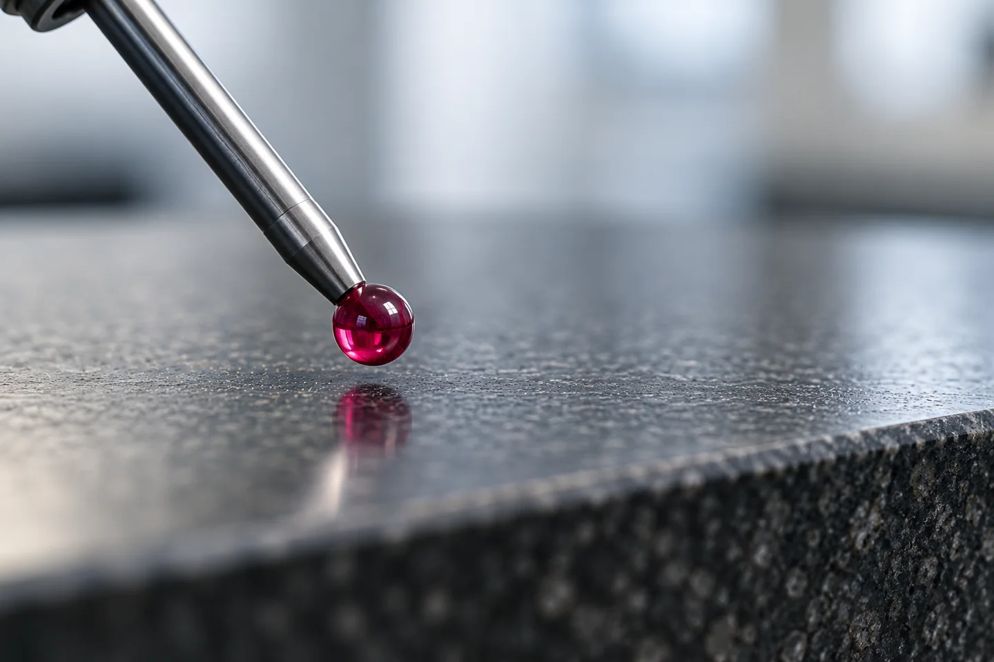 Ruby measurement stylus tip beside a fine-grained granite surface
