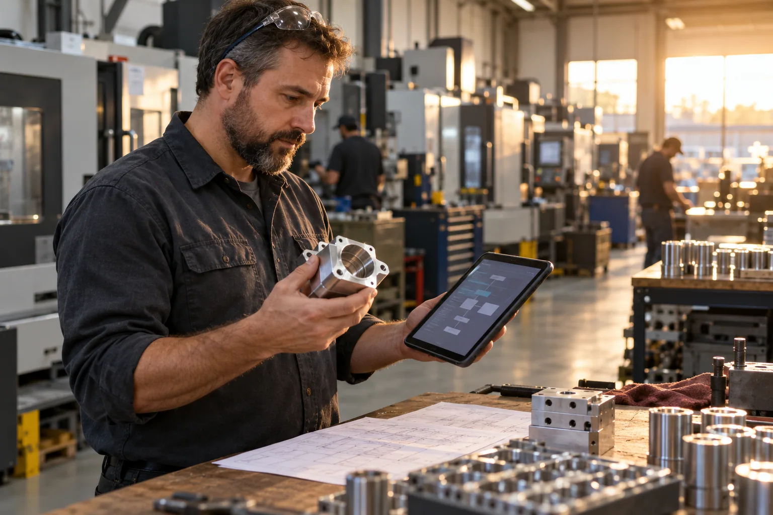 Estimator reviewing a part and workflow on a tablet during quote follow-up; conceptual image
