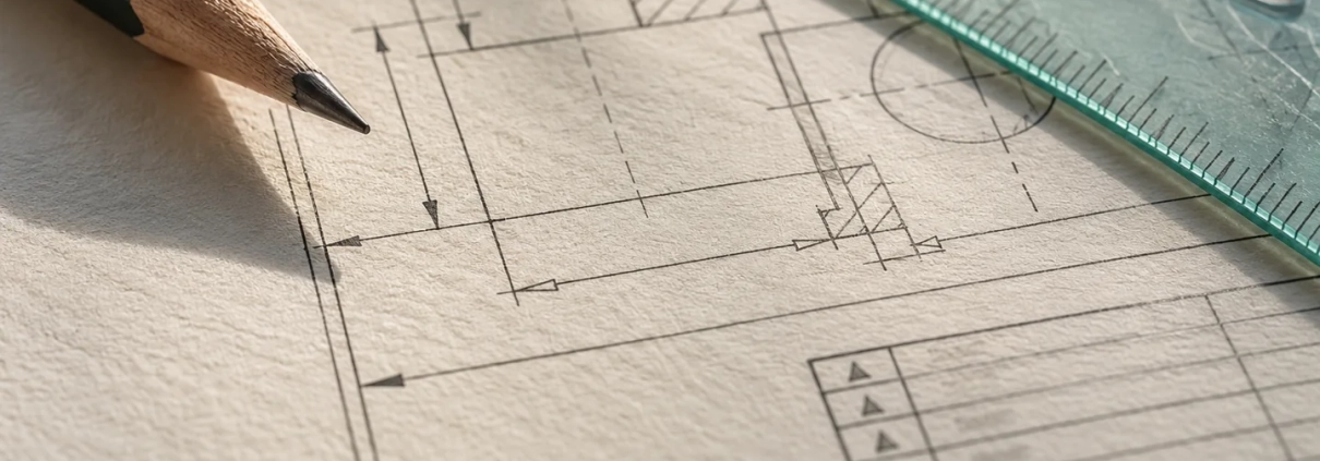 Pencil and drafting triangle beside revision marks on an engineering drawing