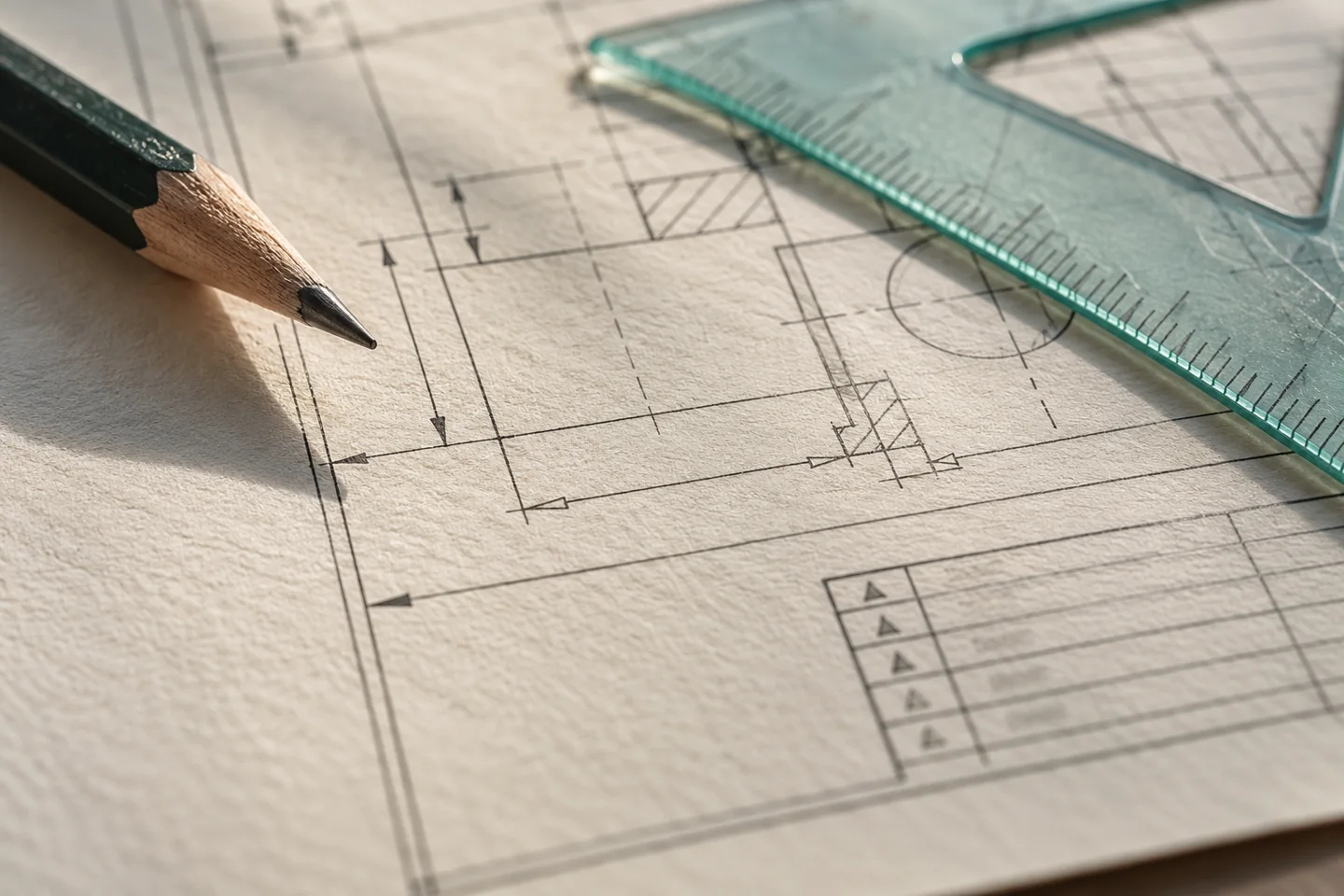 Pencil and drafting triangle beside revision marks on an engineering drawing