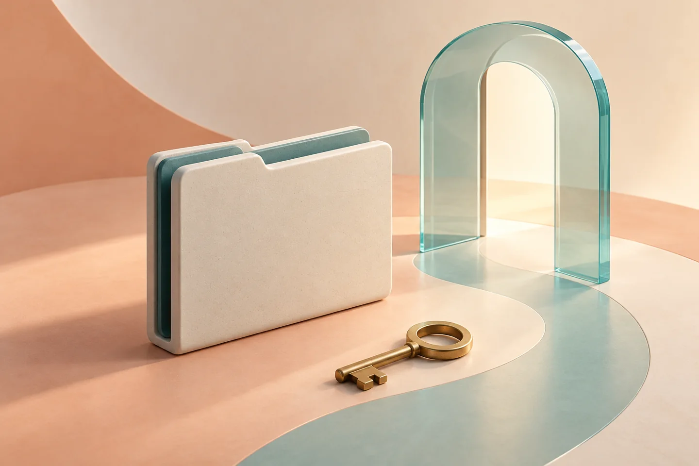 Closed folder, glass doorway and brass key arranged as a drawing-handoff still life