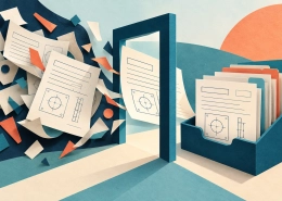 Scattered request sheets pass through an opening into an organized estimating tray