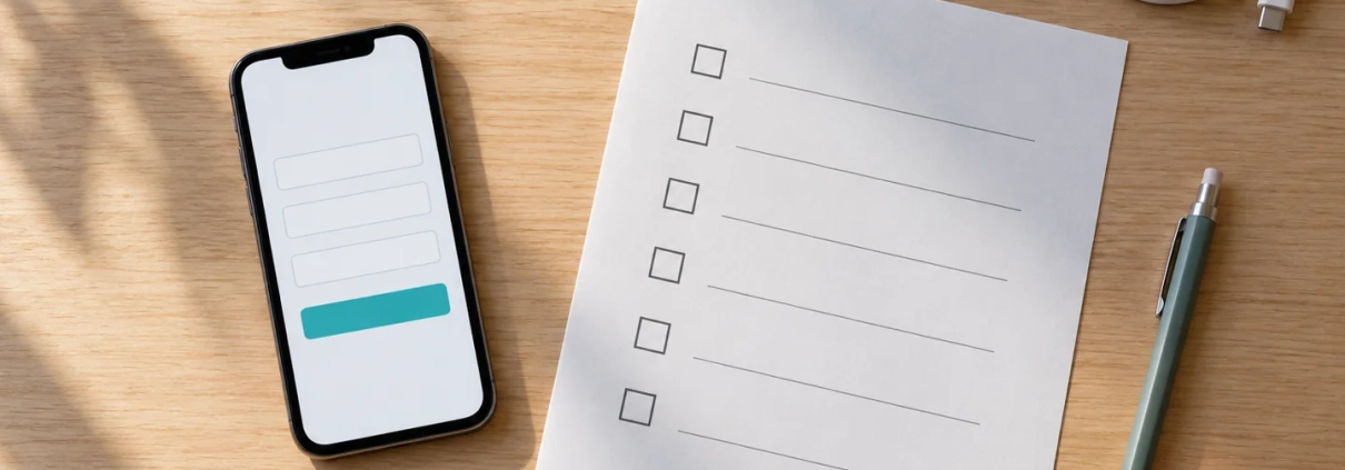 Smartphone form and paper checklist arranged for a request-path test