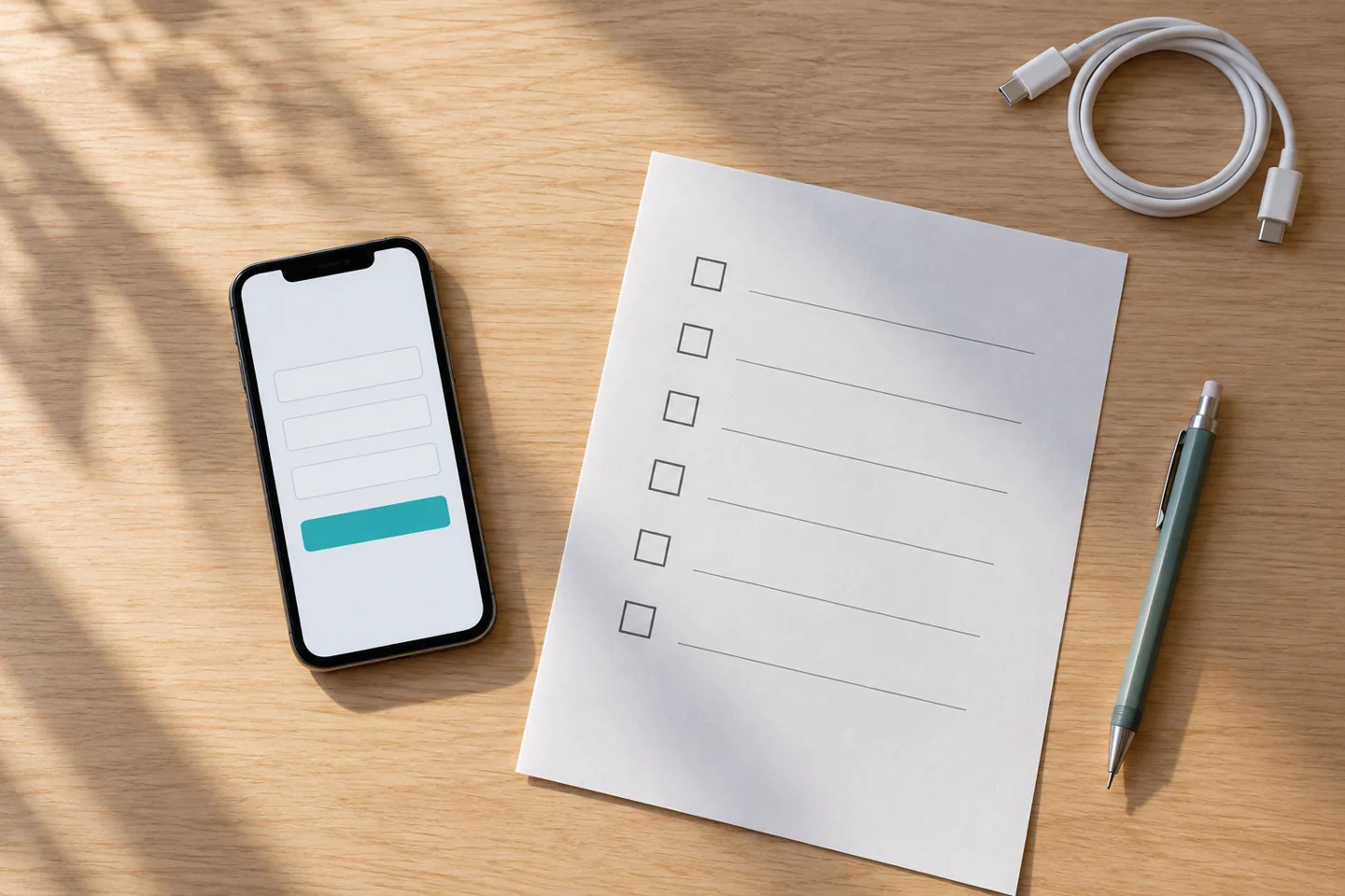 Smartphone form and paper checklist arranged for a request-path test