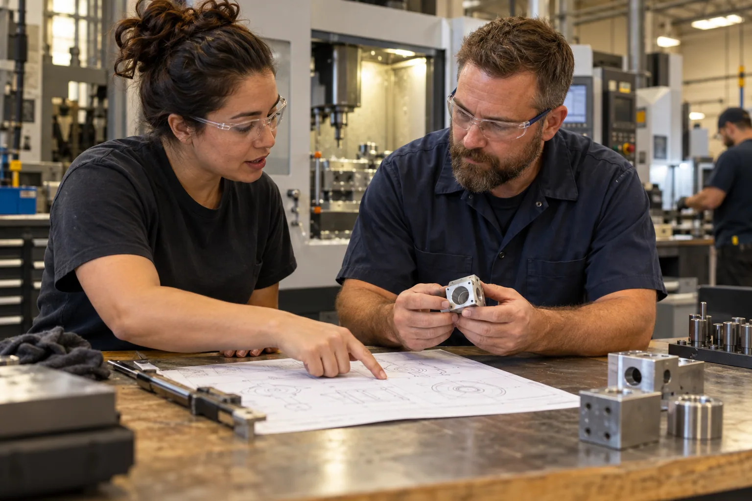 Two manufacturing professionals reviewing a component and drawing during RFQ triage; conceptual image