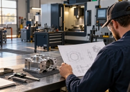 Estimator reviewing an engineering drawing and machined component at a machine shop; conceptual image