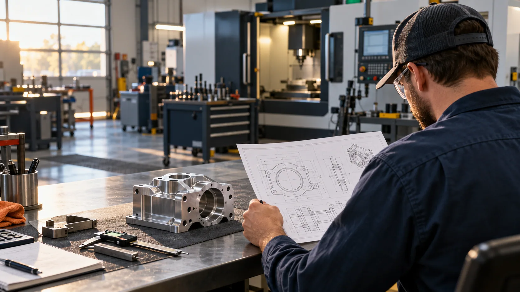 Estimator reviewing an engineering drawing and machined component at a machine shop; conceptual image