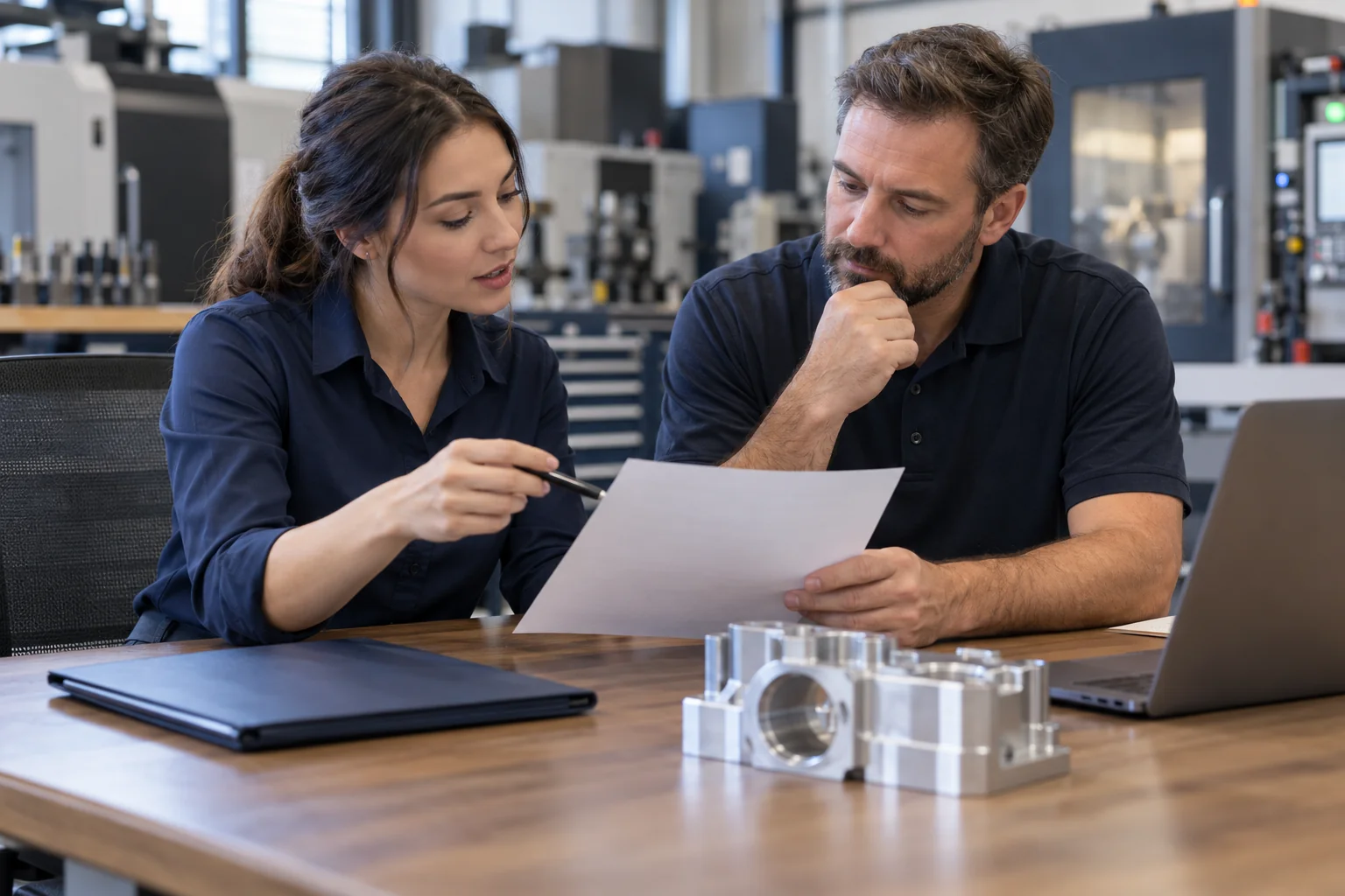 Manufacturing team reviewing an inquiry brief beside an aluminum component