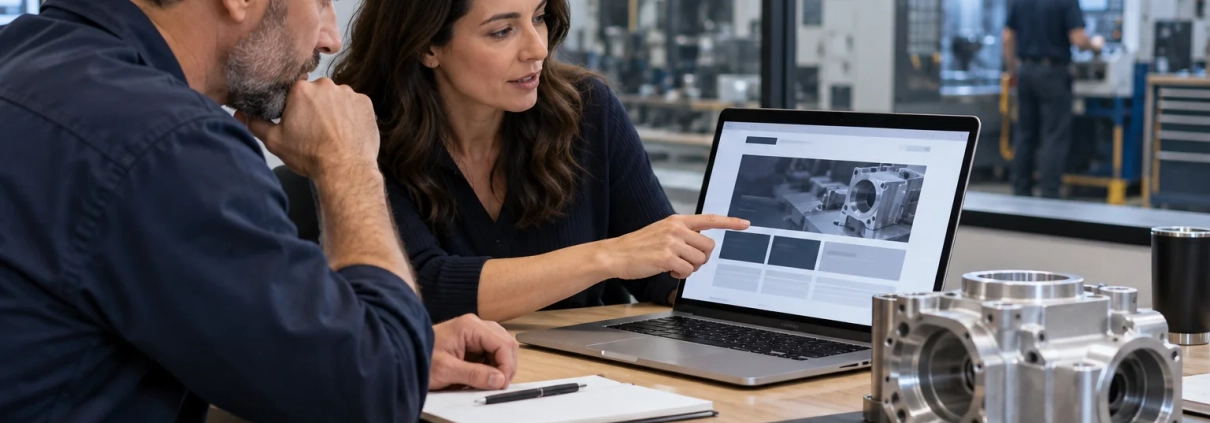 Manufacturing professionals planning a website beside a machined aluminum housing