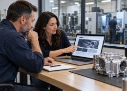 Manufacturing professionals planning a website beside a machined aluminum housing