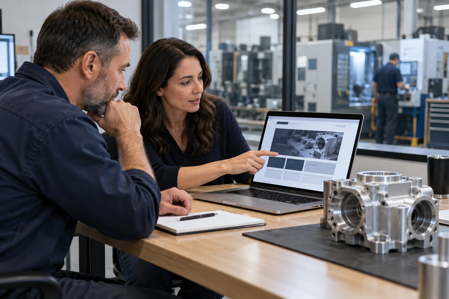 Manufacturing professionals planning a website beside a machined aluminum housing