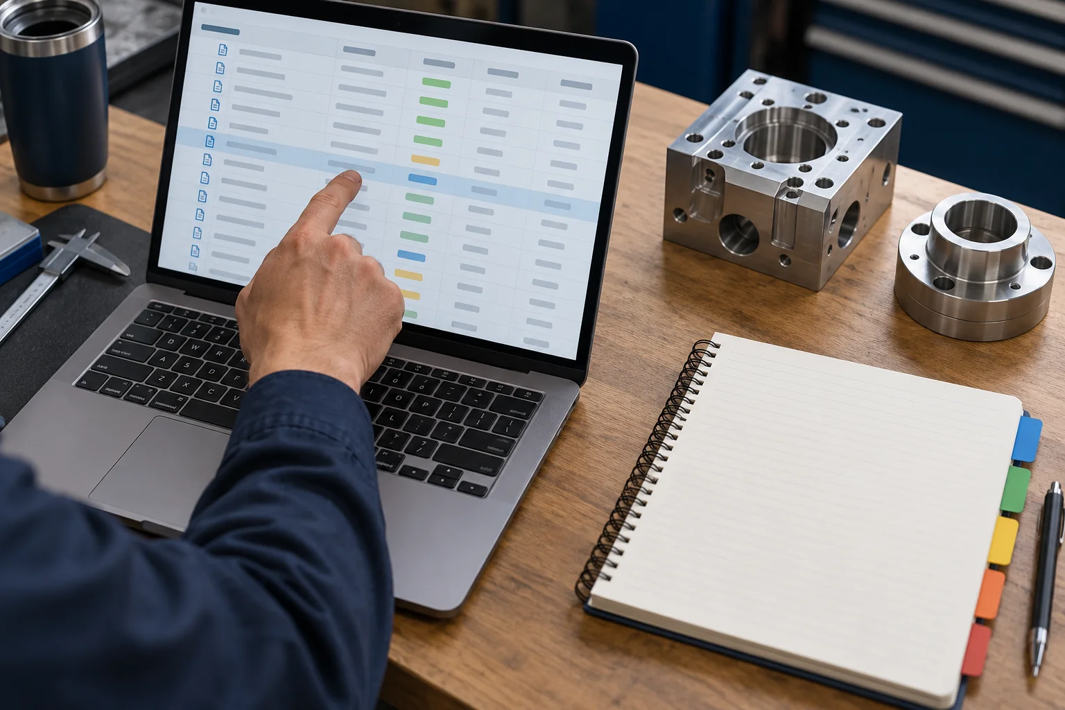 Website page inventory on a laptop beside a notebook and machined parts