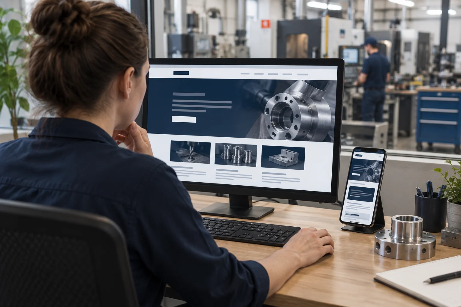 Designer comparing a manufacturing website on desktop and phone screens