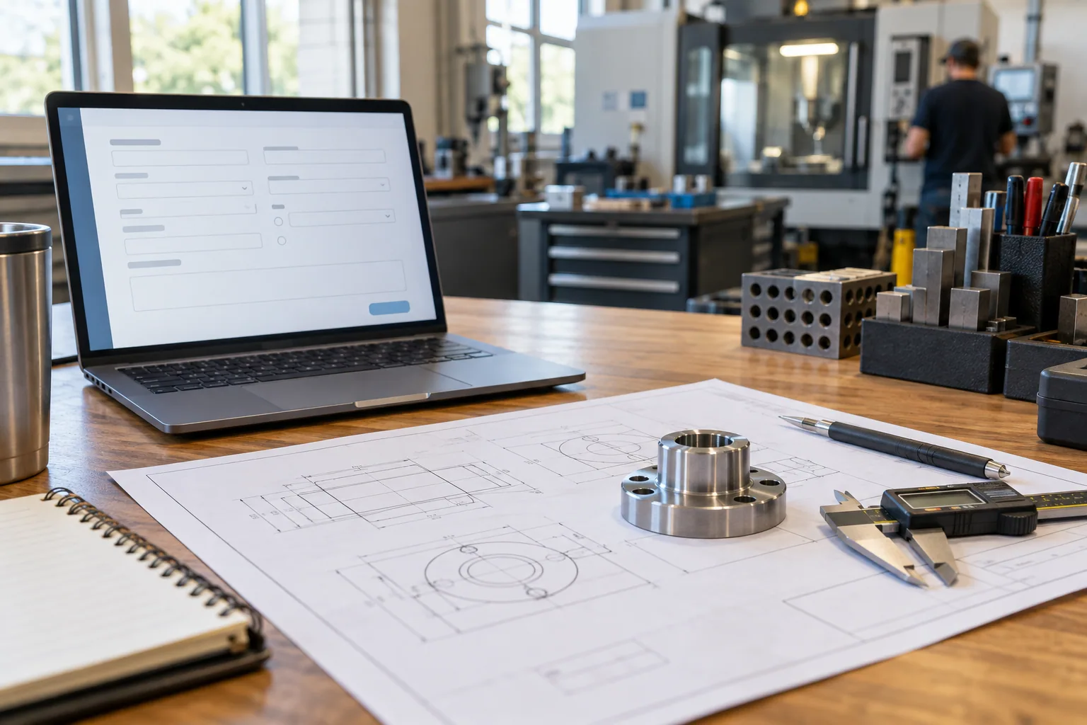 Estimator desk with a laptop, drawing, and sample part illustrating RFQ intake; conceptual image